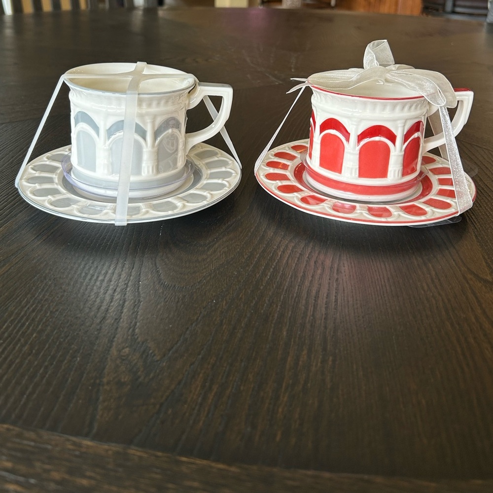 NEW Grace Teaware Fine Porcelain Coral and Blue Arches Collection Set of 2